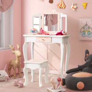 2 in 1 Kids Vanity Table and Stool Set for Girl Children-Pink Zebra-stripe Print