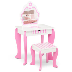 Kids Vanity Table and Stool Set with Mirror and Drawer-Pink & White