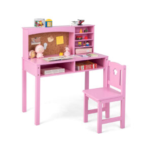 Wooden Kids Desk and Chair Set with Hutch for Studying and Reading-Pink