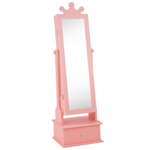 Kids Jewelry Cabinet Armoire with Full Length Mirror and 3 Storage Drawers-Pink