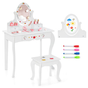 Princess Pretend Play Kids Vanity Set with 360° Rotating Mirror-White