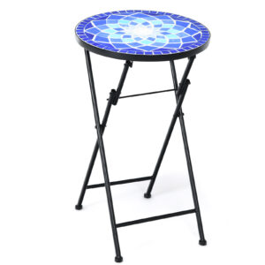 Folding Mosaic Side Table with Ceramic Tile Top and Non-slip Foot Mat-Blue Flower