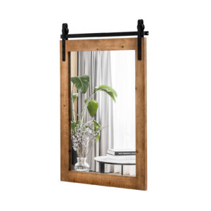 Wall Mounted Mirror with Solid Wood Frame and Metal Bracket-Brown
