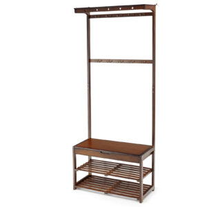 Entryway Storage Organizer with 10 Hanging Hooks and 2-Tier Shoe Shelves-Coffee