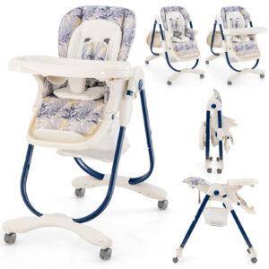 Multifunctional Folding Baby High Chair with Rolling Wheels-Navy