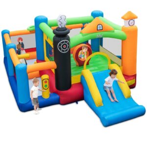 Inflatable Train Themed Kids Bounce Castle with Slide and Basketball Hoop without Air Blower