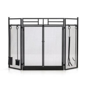 3-Panel Folding Fireplace Screen with Fireplace Tools Set-Black