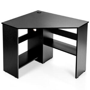 Triangle Corner Computer Desk with Open Shelf and Cable Holes-Black