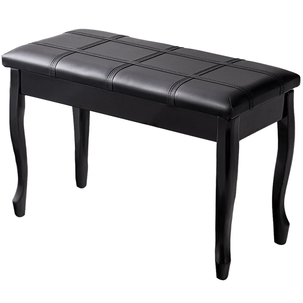 Leather Piano Bench with Storage Compartment and Wooden Legs-Black