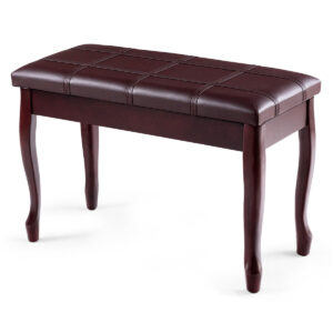 Leather Piano Bench with Storage Compartment and Wooden Legs-Brown