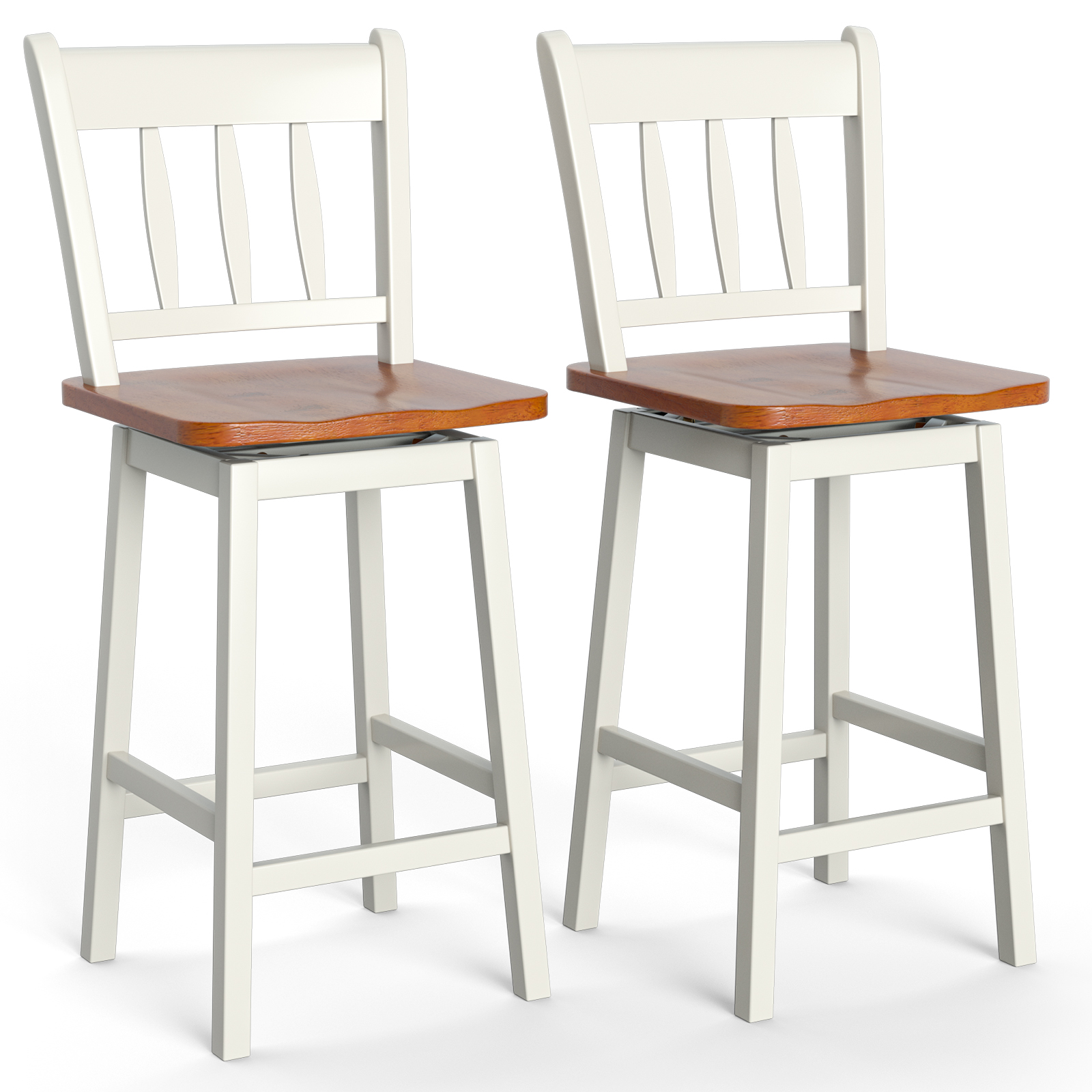 Set of 2 97cm Swivel Rubber Wood Bar Stools with Backrest and Footrest-White