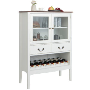 Wooden Kitchen Sideboard with Wine Rack 2 Glass Doors and Drawers-White