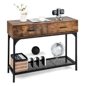 Industrial Console Table with Drawer for Small Space-Rustic Brown
