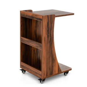 C-Shaped Side Table with Storage Shelf-Brown
