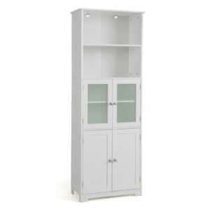 Freestanding Storage Cabinet with Tempered Glass Door and Open Shelves