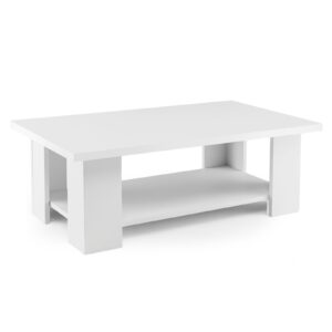 2-Tier Wooden Coffee Table with Storage Shelf and 5 Support Legs-White