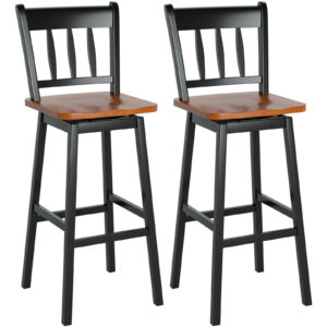 Set of 2 Rubber Wood Swivel Bar Stools with Backrest and Footrest-Black