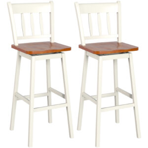 Set of 2 Rubber Wood Swivel Bar Stools with Backrest and Footrest-Cream