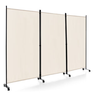 3-Panel Folding Room Divider with Wheels for Living Room Bedroom-Beige