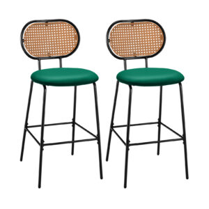 Set of 2 PU Leather Bar Stools with Rattan Backrest and Footrest-Green