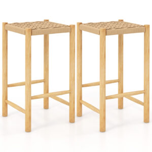 Dining Stool Set of 2 with Rubber Wood Frame and Woven Paper Seat-36 x 36 x 65cm