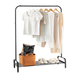 Metal Clothes Stand Rack with Top Rod and Lower Storage Shelf-Black