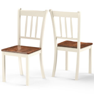 Set of 2 Slatted High Backrest Dining Chairs with Shaped Seat-White