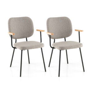 Set of 2 Linen Fabric Upholstered Dining Chairs with Curved Backrest-Grey