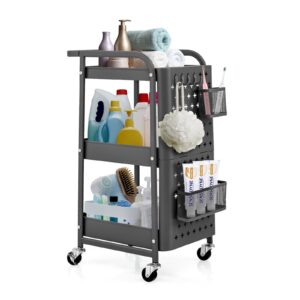 3-Tier Rolling Storage Organizer Cart with Dual DIY Pegboards-Gray