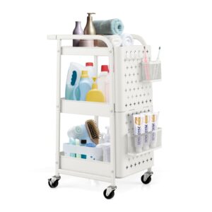 3-Tier Rolling Storage Organizer Cart with Dual DIY Pegboards-White