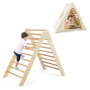 2-In-1 Kids Triangle Climber with Tent Pad-Beige