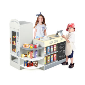 Kids Grocery Store Playset with Cash Register and Writable Chalkboard-Grey