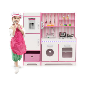 Kids Kitchen Playset with Adjustable LED Lights and Refrigerator-Pink & White
