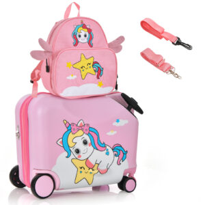 2 Pieces Kids Luggage Set with Spinner Wheels and Anti-Lose Rope-Pink