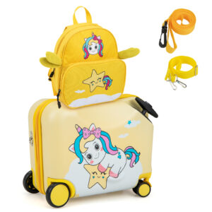 2 Pieces Kids Luggage Set with Spinner Wheels and Anti-Lose Rope-Yellow