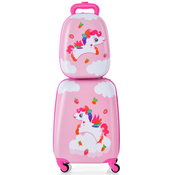 2 Pieces Kids Luggage Set with Wheels and Height Adjustable Handle-Cream Pink