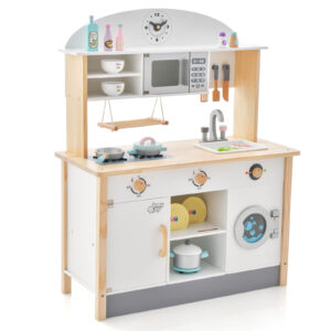 Wooden Kids Play Kitchen Set with Microwave Oven and Washing Machine