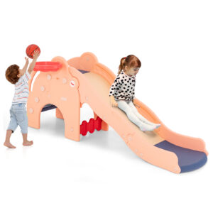 Kids Play Slide with Cute Elephant Shape and Basketball Hoop-Pink