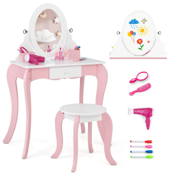 Kids Vanity Table and Stool 2 in 1 with Rotatable Mirror and Whiteboard-Pink & White