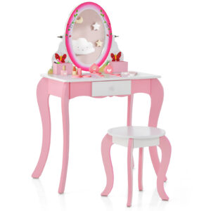 Kids Vanity Table and Stool Set with Rotating Mirror Whiteboard-White