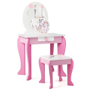 Kids Vanity Table and Chair Set with Mirror and Detachable Top-Pink