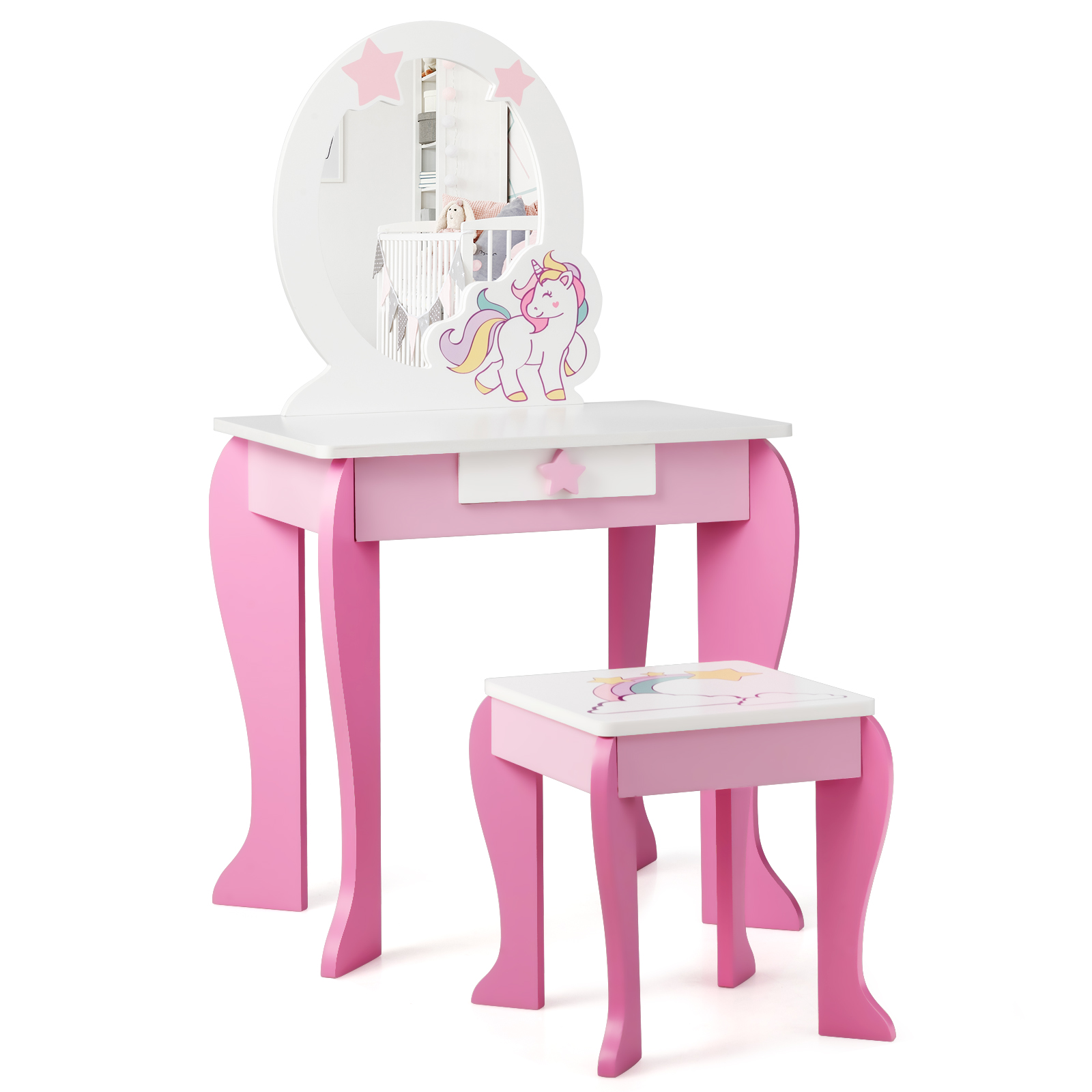 Kids Vanity Table and Chair Set with Mirror and Detachable Top-Pink