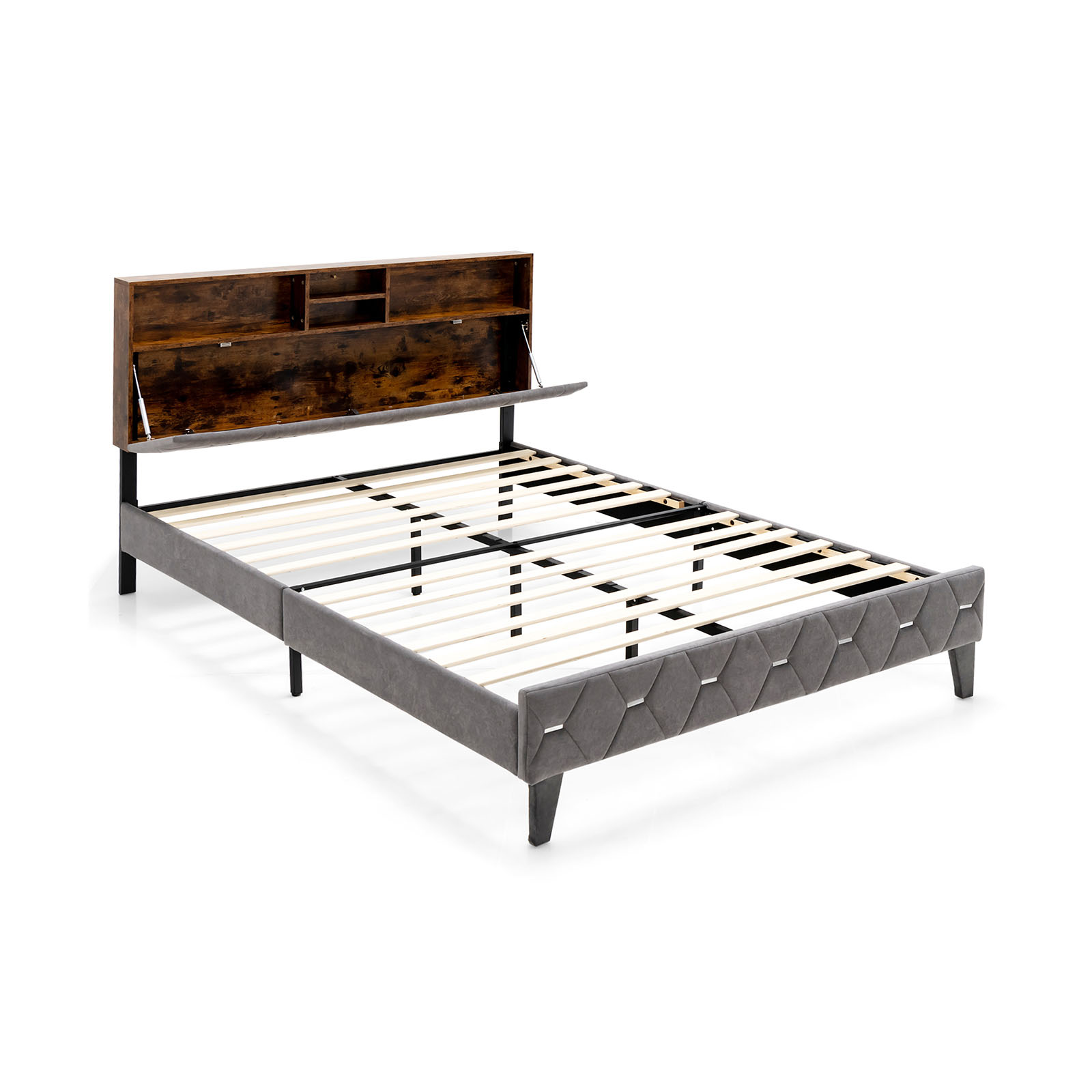 Single/Double Bed Frame with Storage Headboard and Slat Support-King Size