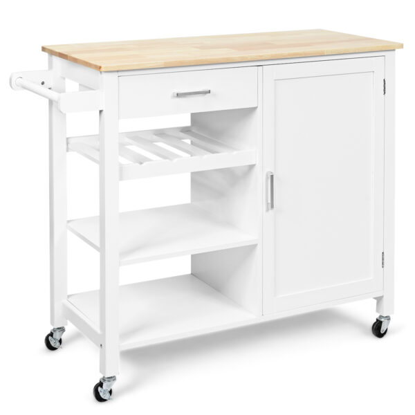 Rolling Kitchen Island Cart with Wine Rack and Adjustable Shelf-White