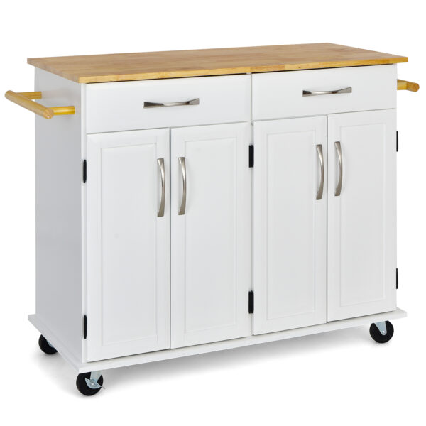 Kitchen Island on Lockable Wheels with Rubber Wood Countertop-White