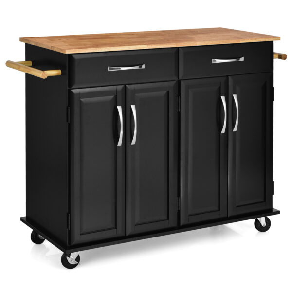Kitchen Island on Lockable Wheels with Rubber Wood Countertop-Black