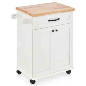 Kitchen Rolling Island Cart with Large Drawer and 2-Door Cabinet-White