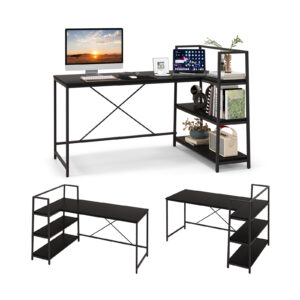 Reversible L-Shaped Computer Desk with Open Storage Shelves-Black
