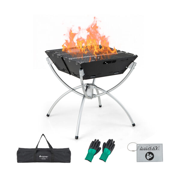 Camping Fire Pit Cooking Grills with Carrying Bag and Gloves-Silver