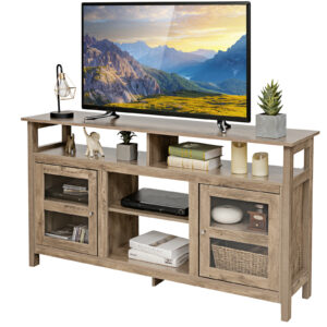 Living Room Console Table for TVs with Wooden Fireplace and 2 Cabinets -Natural